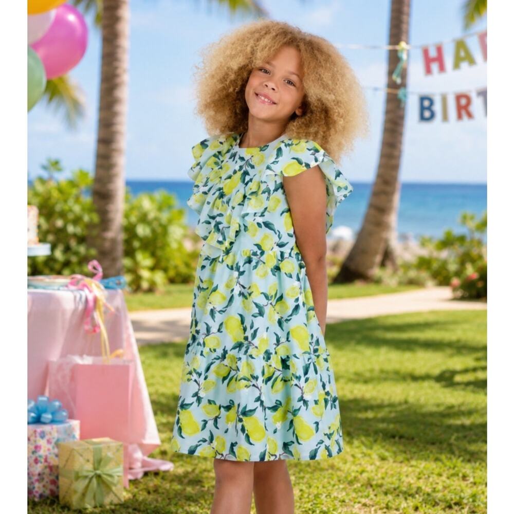 French Connection Lemon Pattern Little Girl Blue Yellow Tiered Ruffle Dress 7/8